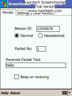 Screenshot of PDA receiving Beacon ID and the text Hello