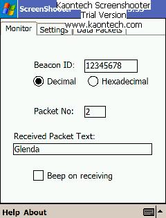 Screenshot of PDA receiving Beacon ID and the text Glenda